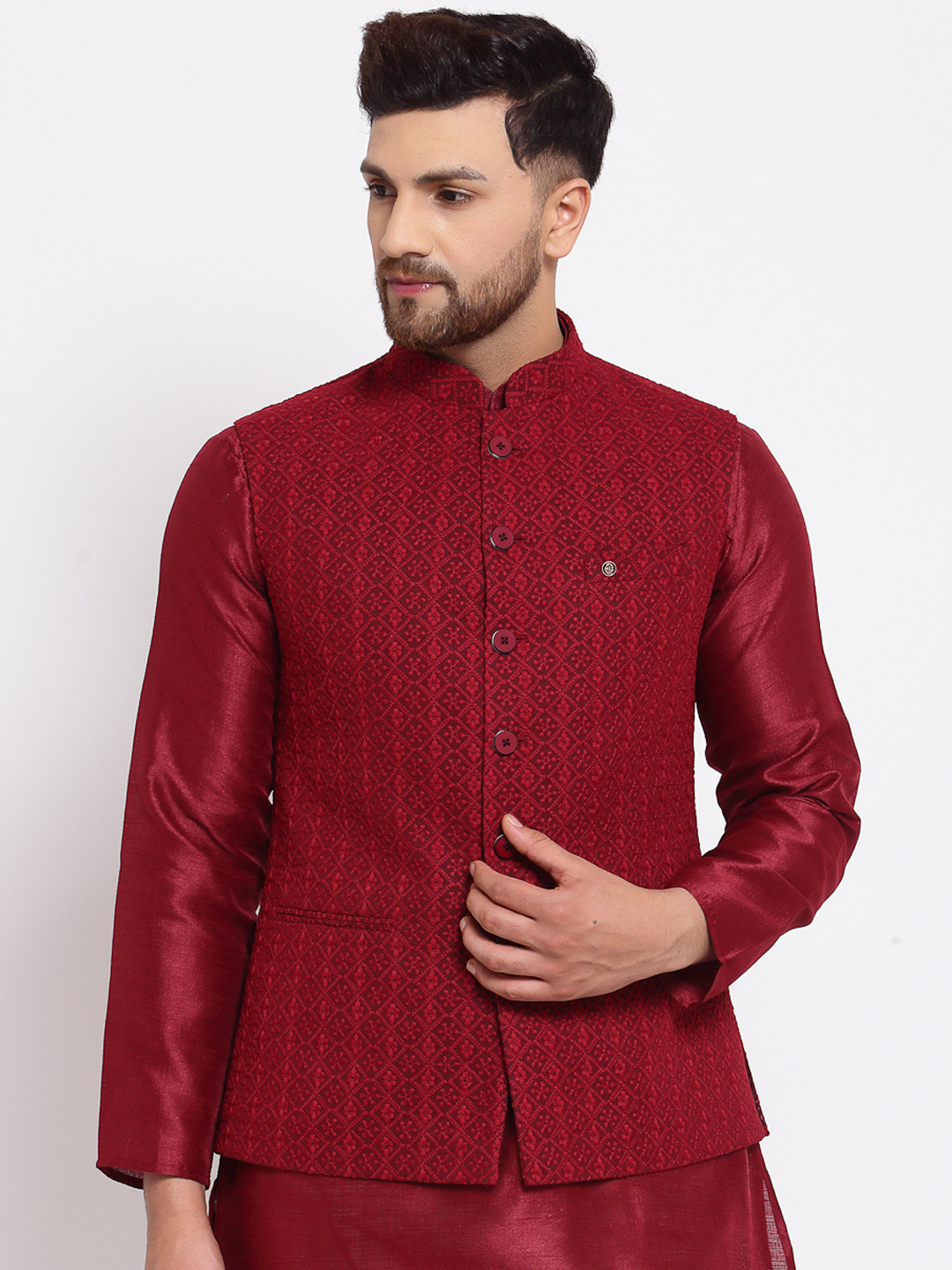 

MOHANLAL SONS Men Maroon Woven Design Nehru Jacket