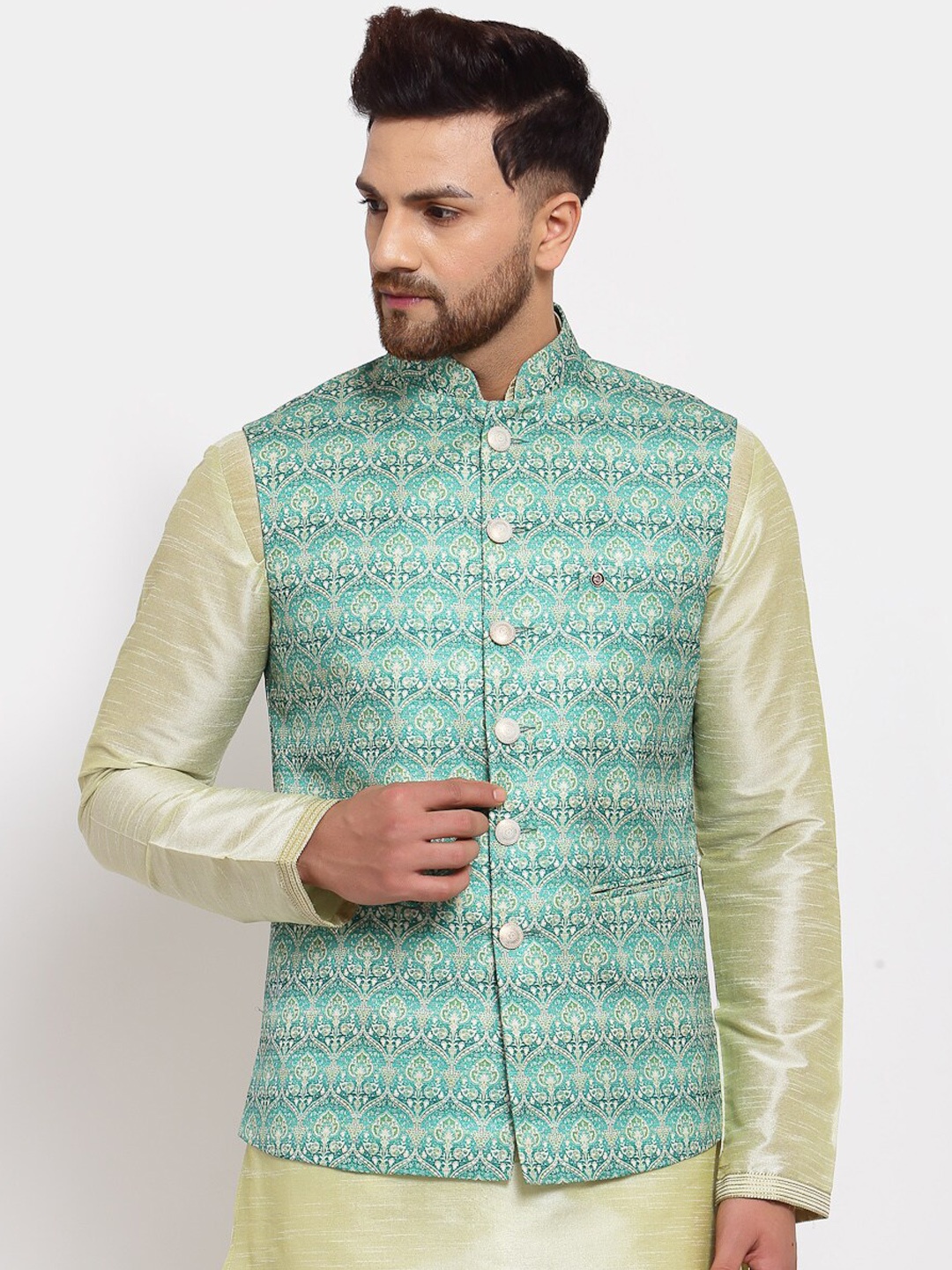 

MOHANLAL SONS Men Green Printed Nehru Jacket