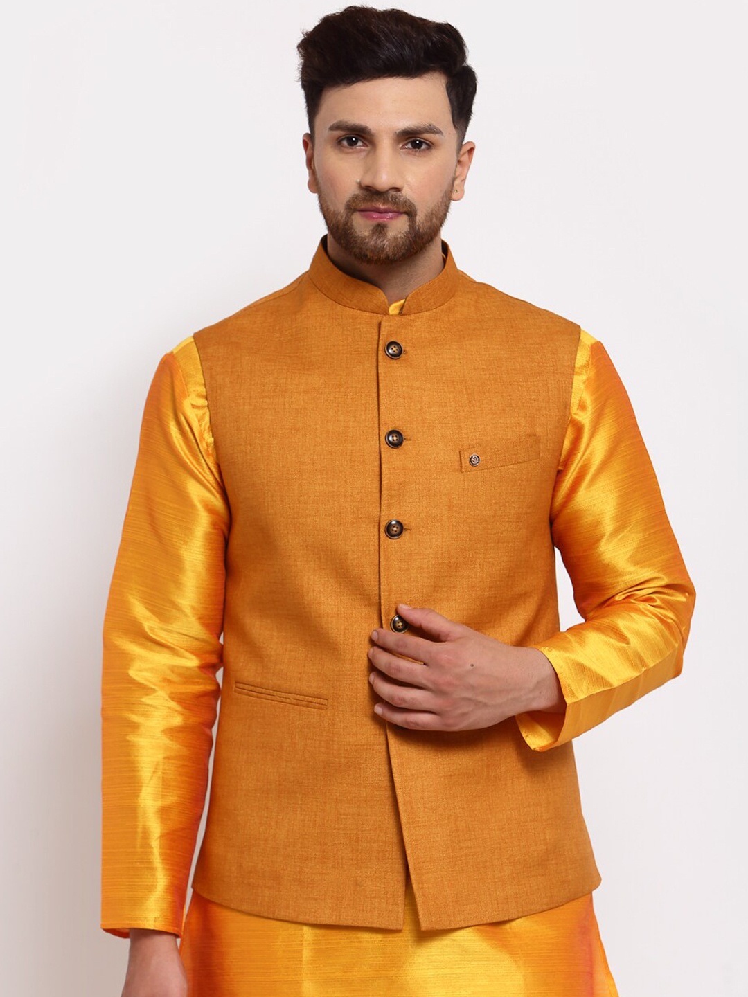

MOHANLAL SONS Men Mustard Yellow Jute Cotton Nehru Jacket
