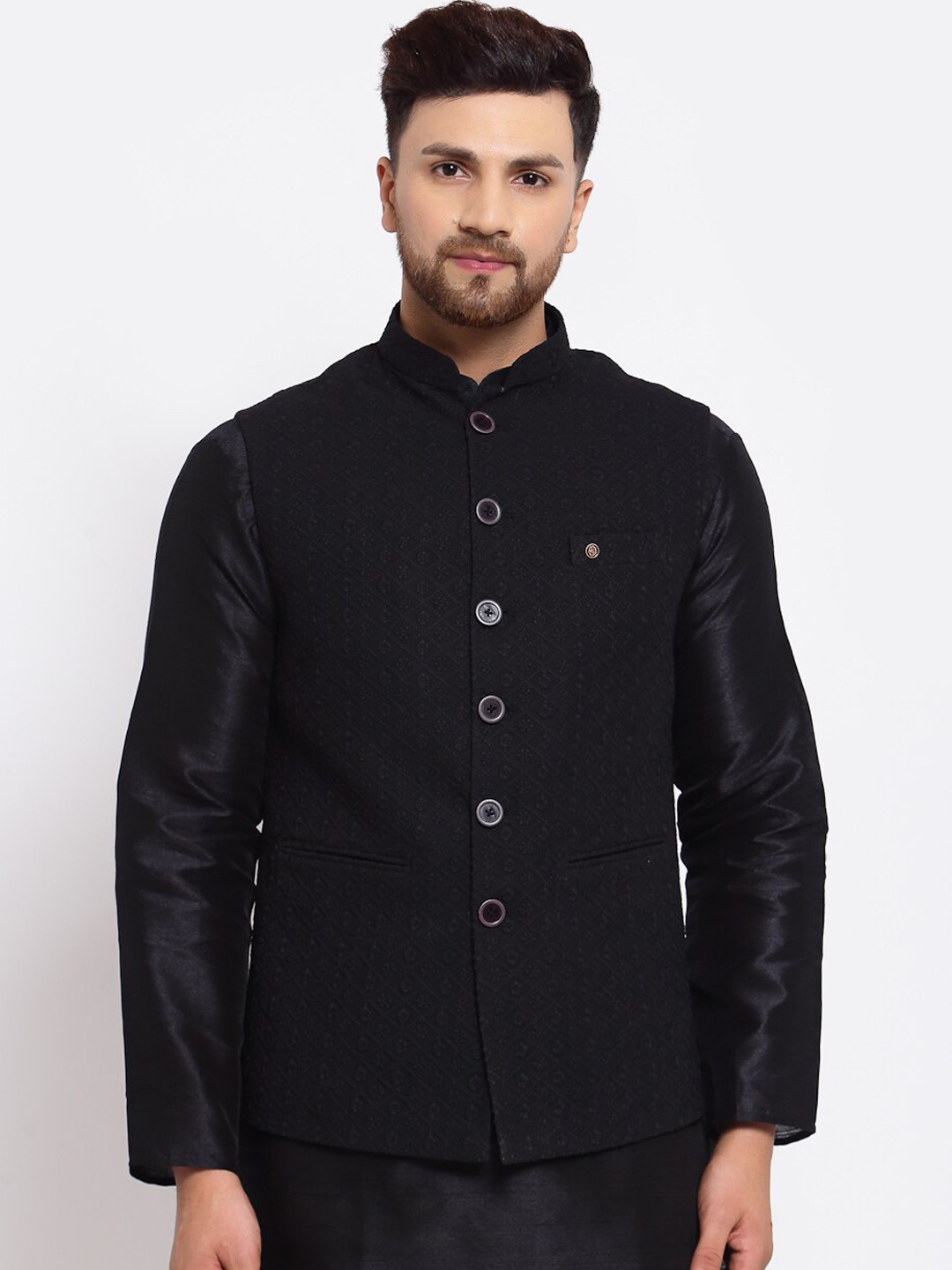 

MOHANLAL SONS Men Black Georgette Embroidered Nehru Jacket
