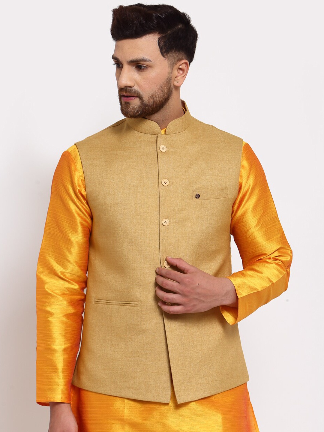 

MOHANLAL SONS Men Beige Jute Cotton Nehru Jacket
