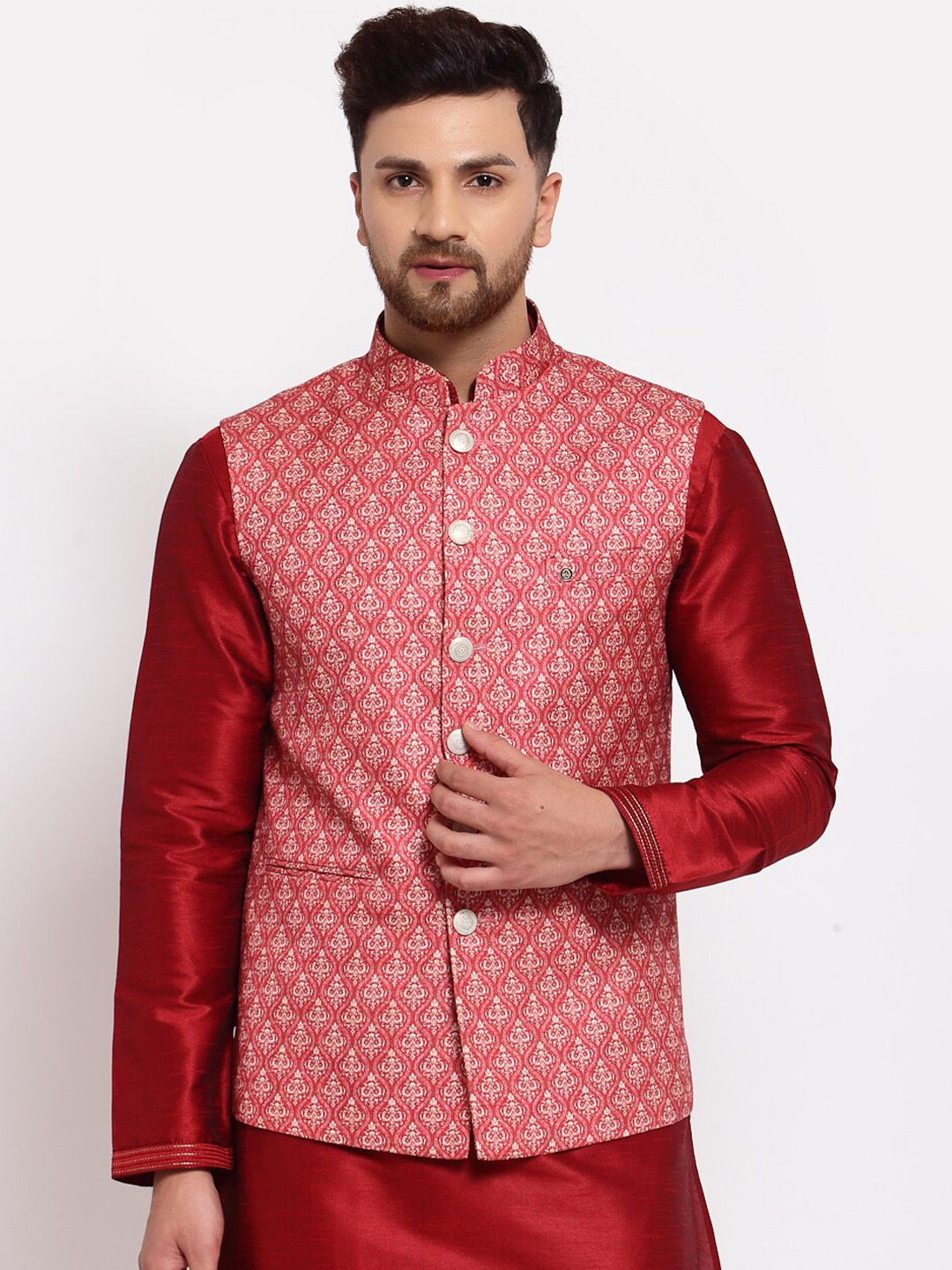 

MOHANLAL SONS Men Maroon Printed Art Silk Nehru Jacket