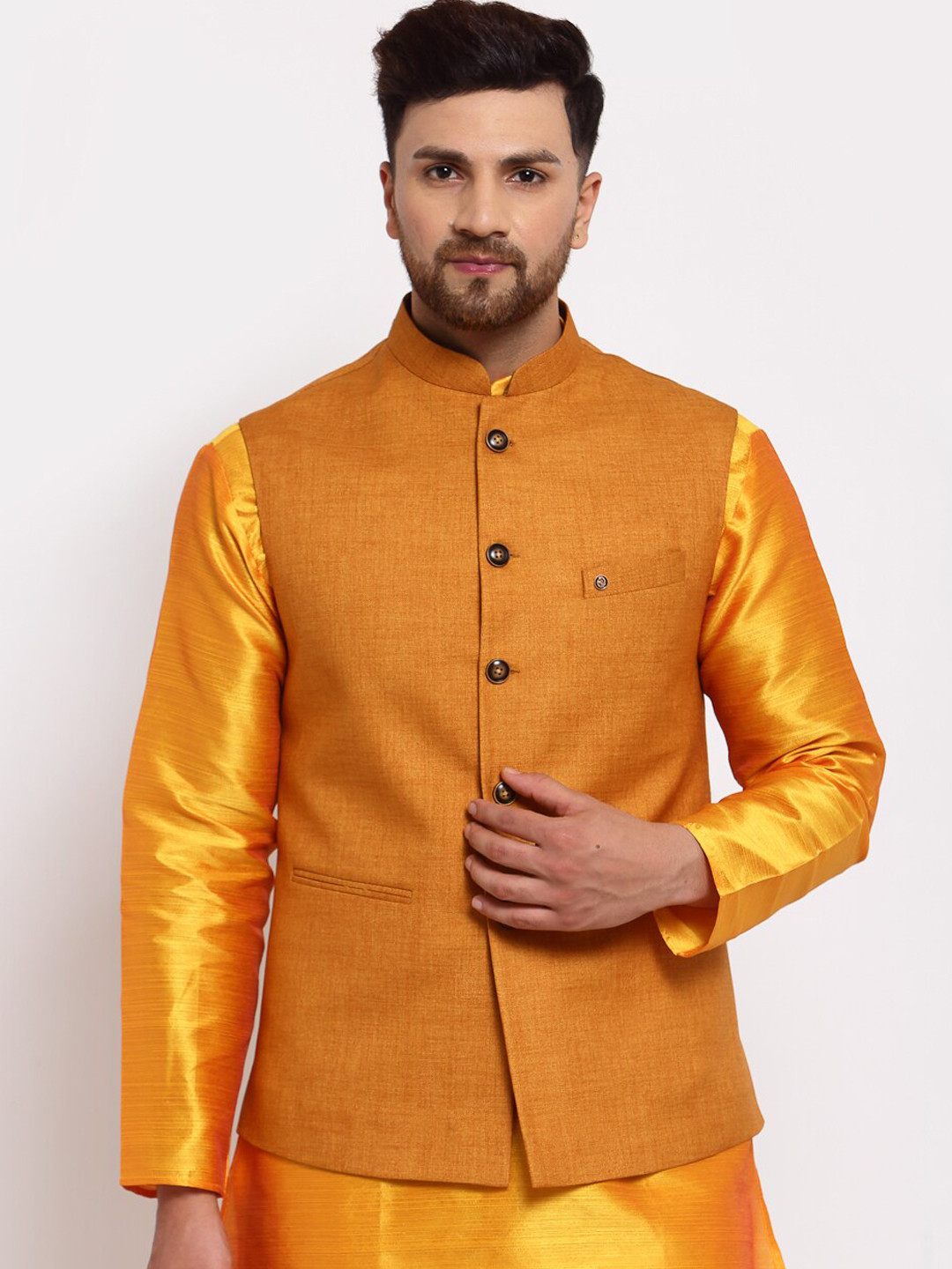 

MOHANLAL SONS Men Mustard Yellow-Coloured Solid Woven Nehru Jacket