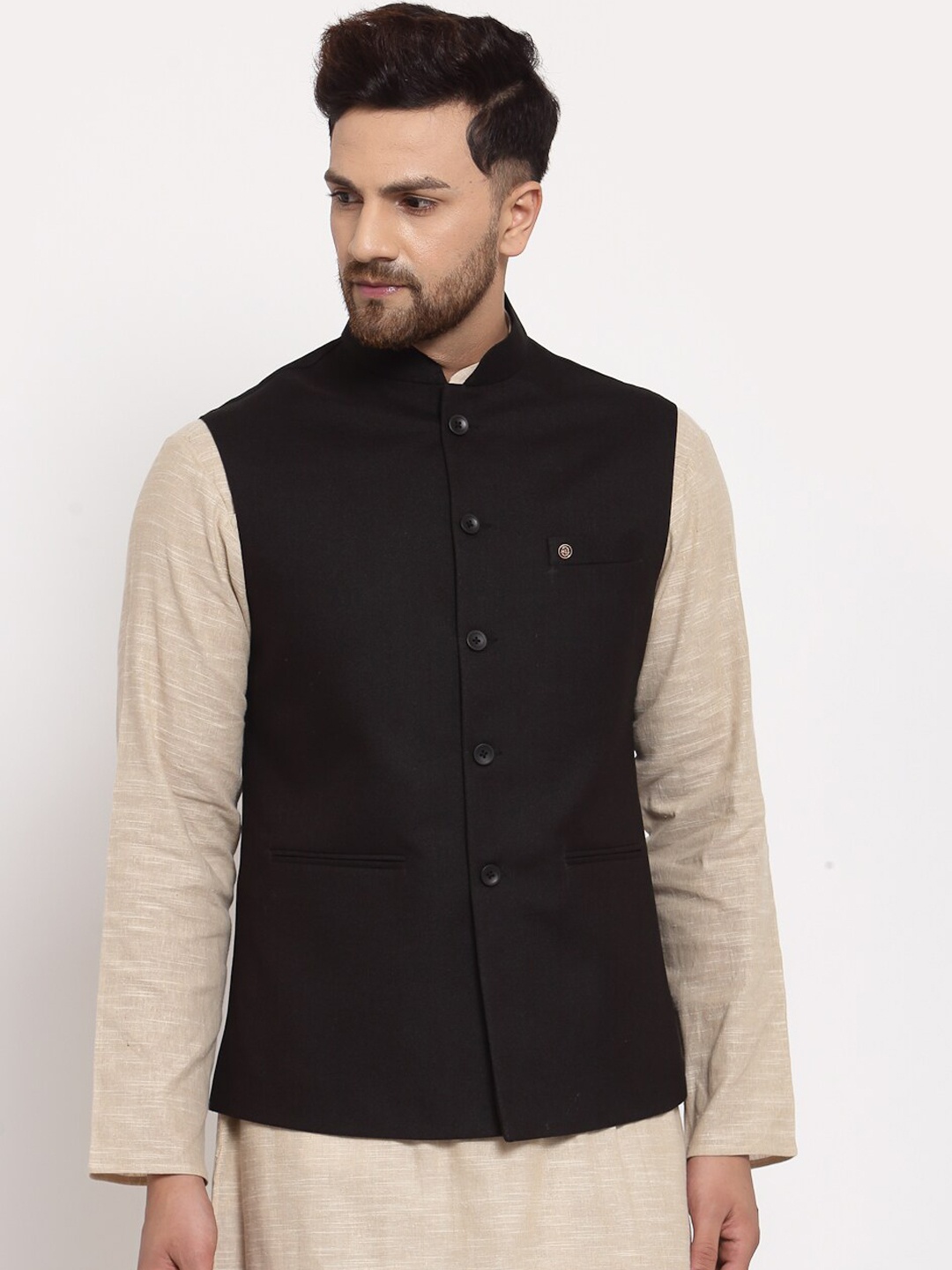

MOHANLAL SONS Men Black Jute Cotton Nehru Jacket