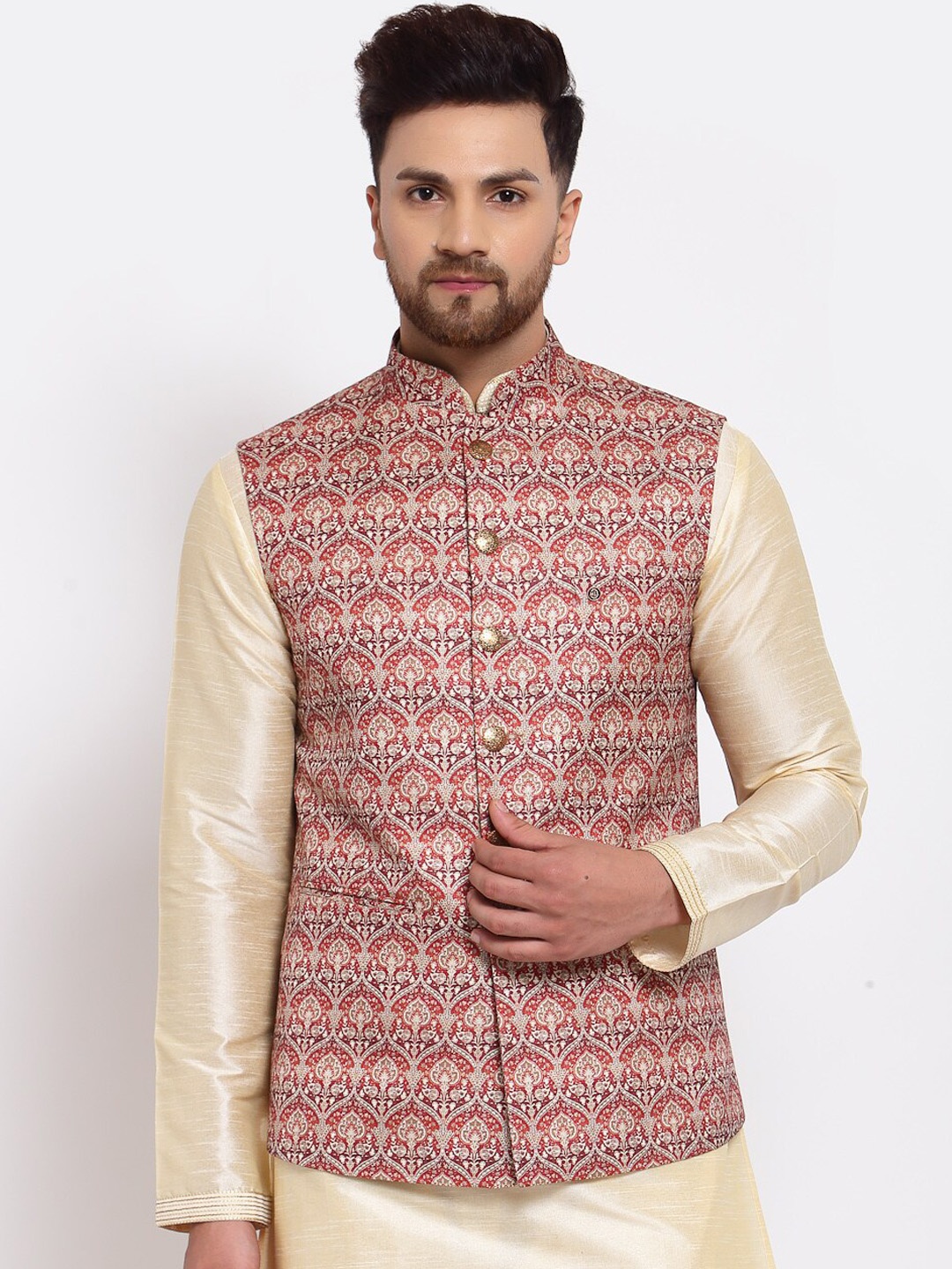 

MOHANLAL SONS Men Maroon & White Art Silk Printed Nehru Jacket