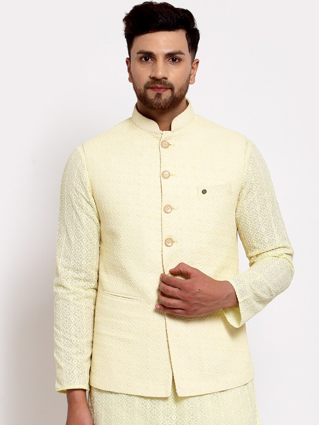 

MOHANLAL SONS Men Yellow Georgette Nehru Jacket