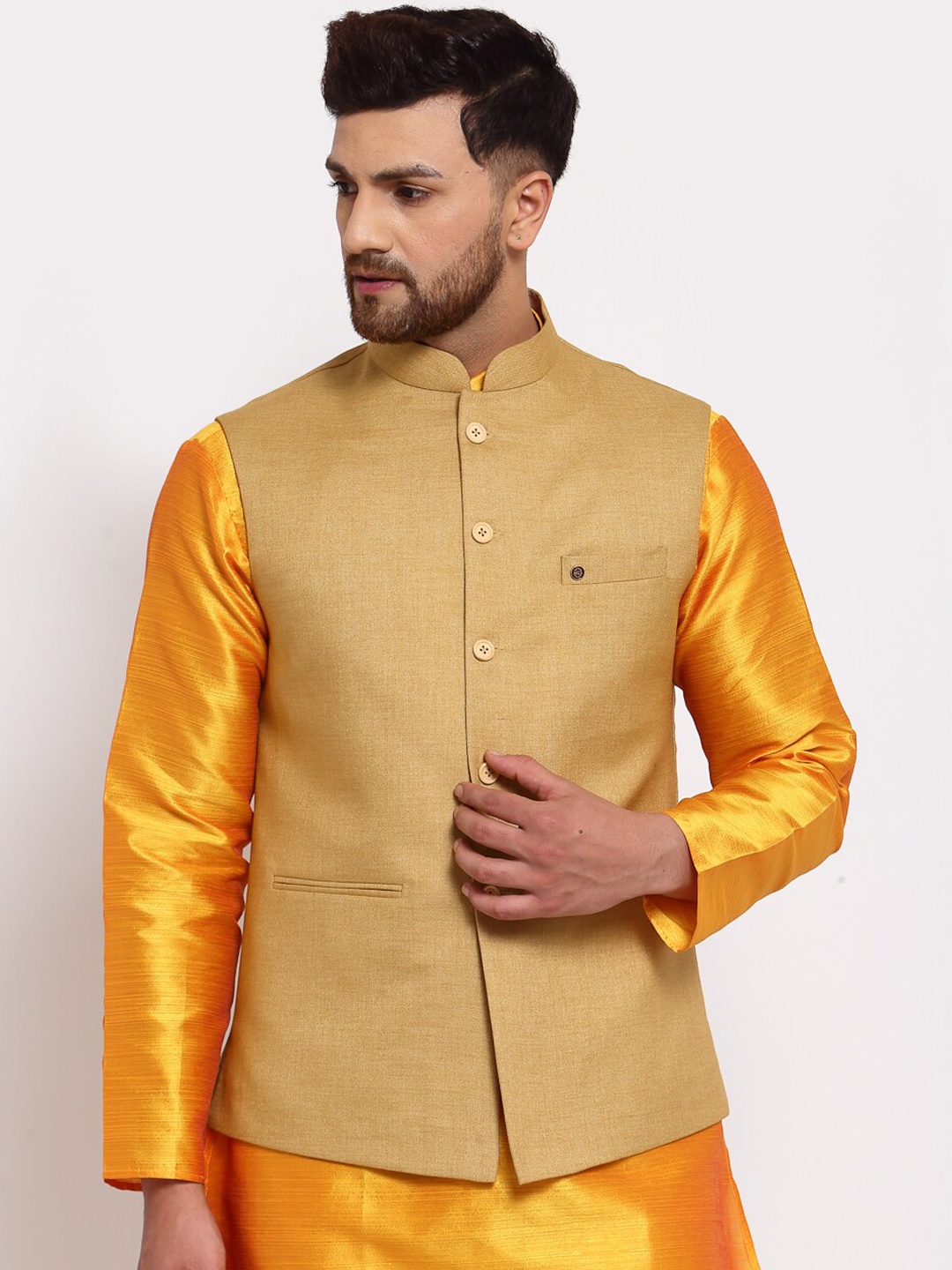 

MOHANLAL SONS Men Beige Woven Design Nehru Jacket
