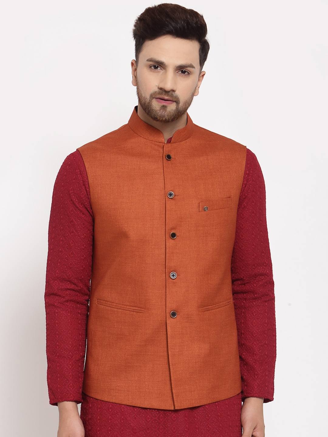 

MOHANLAL SONS Men Rust Brown Solid Cotton Jute Nehru Jacket