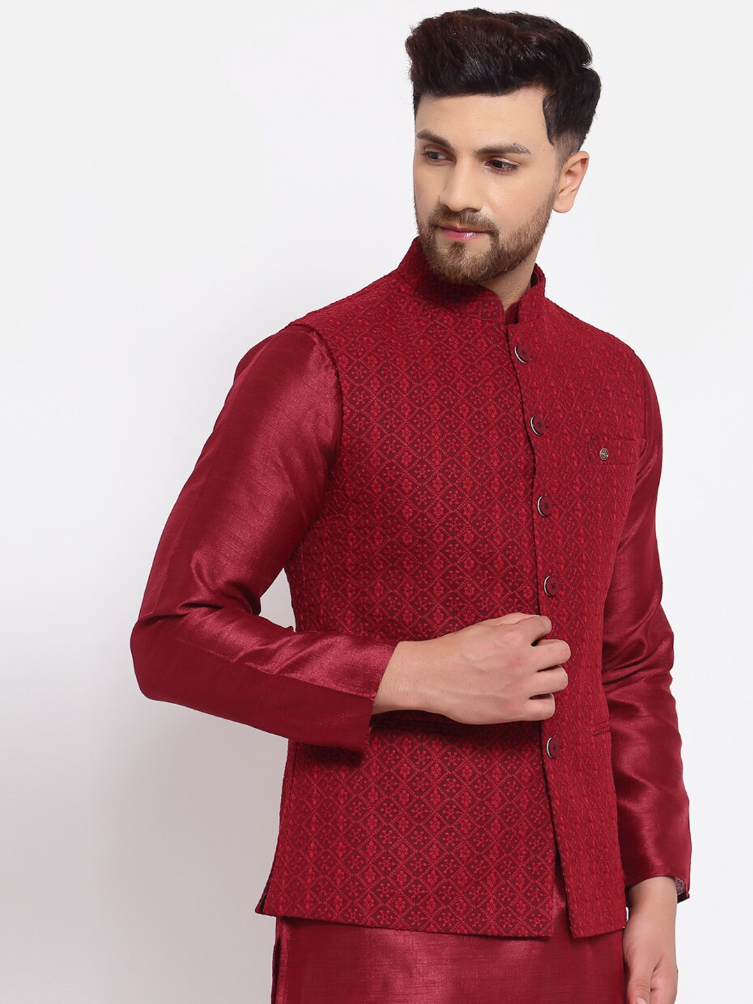 

MOHANLAL SONS Men Maroon Woven Design Georgette Nehru Jacket