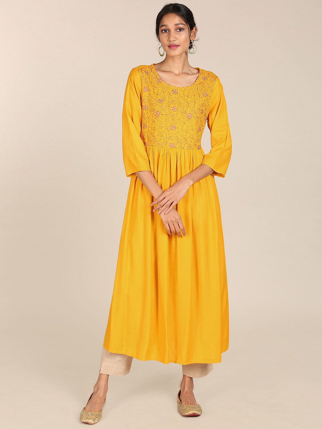 

Karigari Women Yellow Flared Sleeves Anarkali Kurta