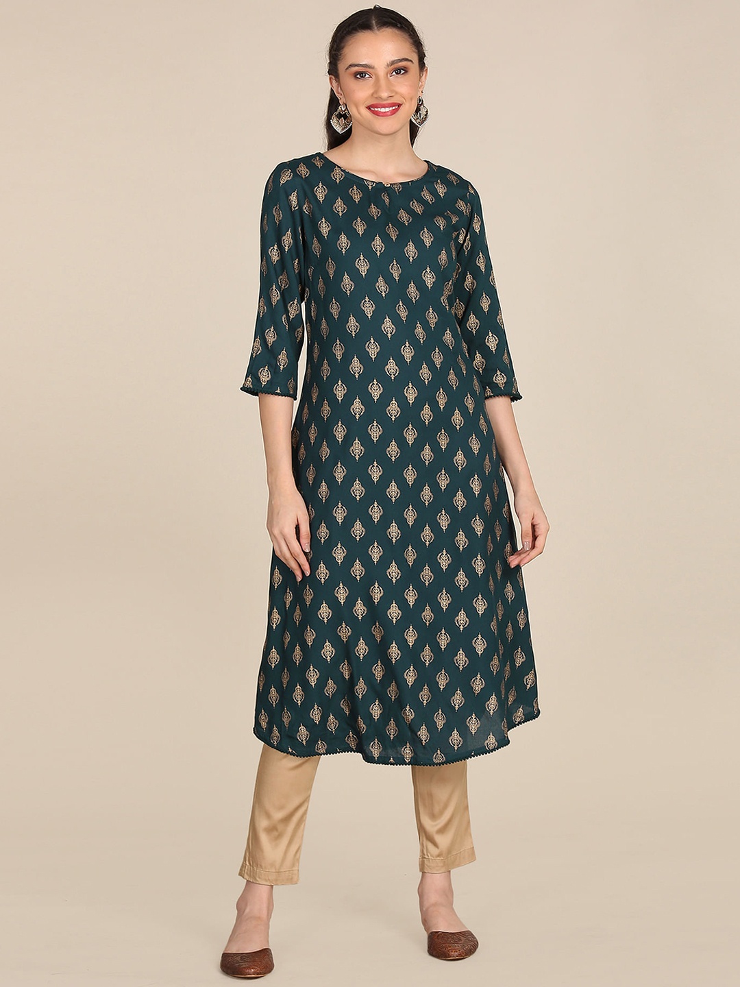 

Karigari Women Teal & Gold-Toned Ethnic Motifs Printed Kurta