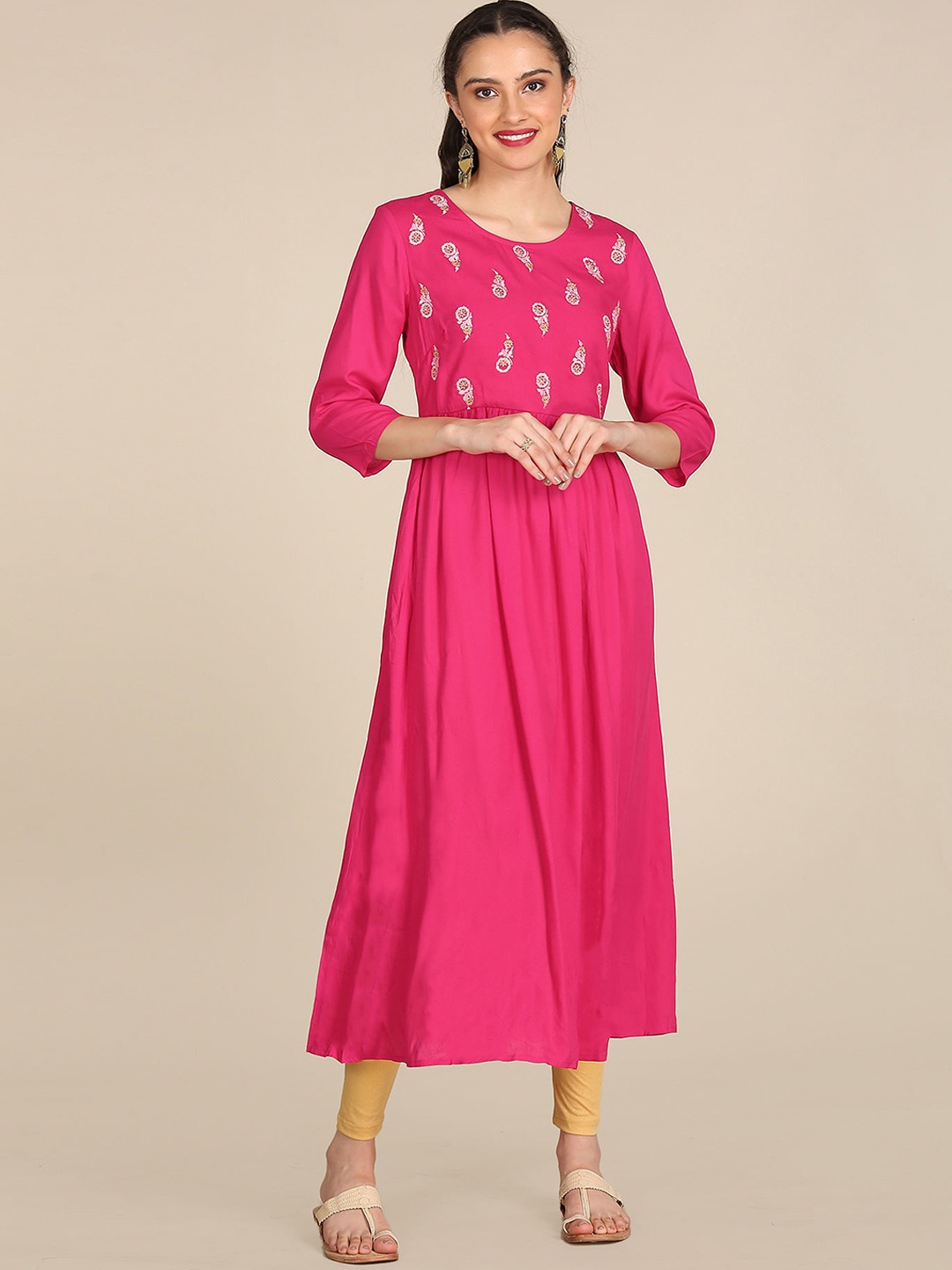 

Karigari Women Pink Embroidered Keyhole Neck Thread Work Anarkali Kurta
