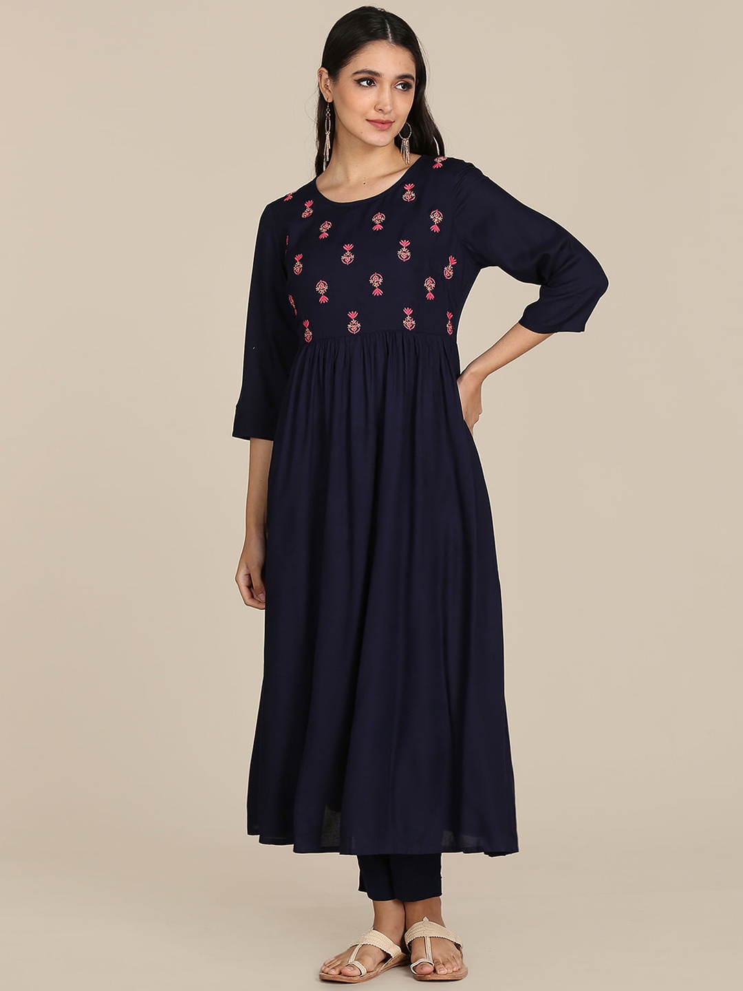 

Karigari Women Navy Blue & Pink Floral Yoke Design Thread Work Anarkali Kurta