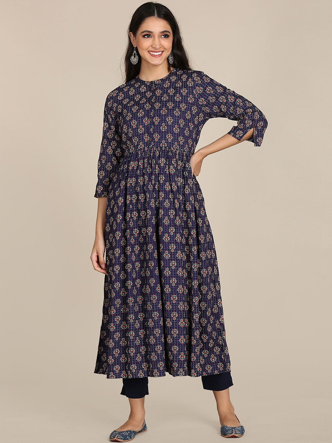 

Karigari Women Blue Ethnic Motifs Printed Mirror Work Kurta