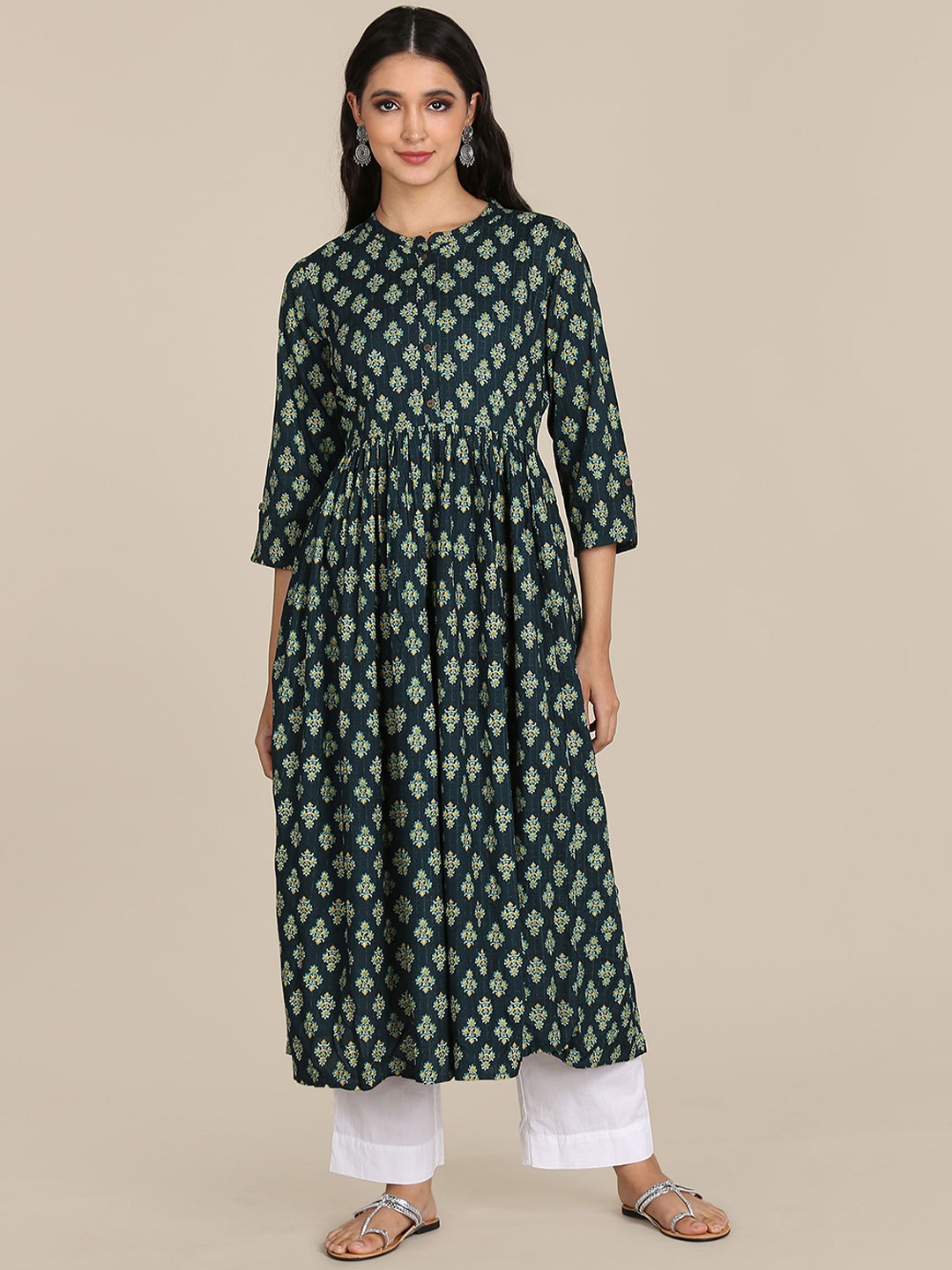 

Karigari Women Green Ethnic Motifs Flared Sleeves Mirror Work Anarkali Kurta