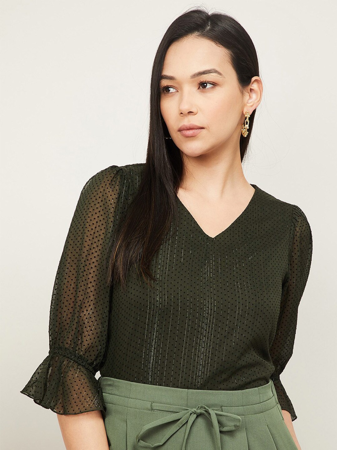 

CODE by Lifestyle Olive Green & Black Polka Dots Printed Top