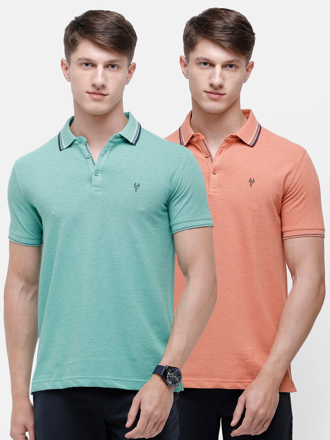 

Classic Polo Men Green & Peach-Coloured 2 Polo Collar Slim Fit T-shirt