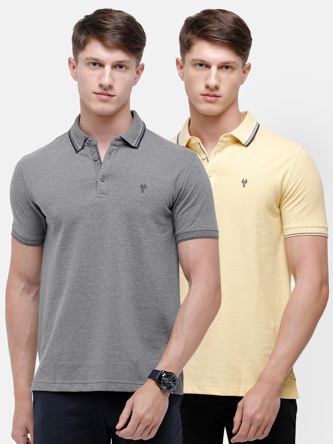 

Classic Polo Men Pack Of 2 Grey & Yellow Polo Collar Slim Fit T-shirt
