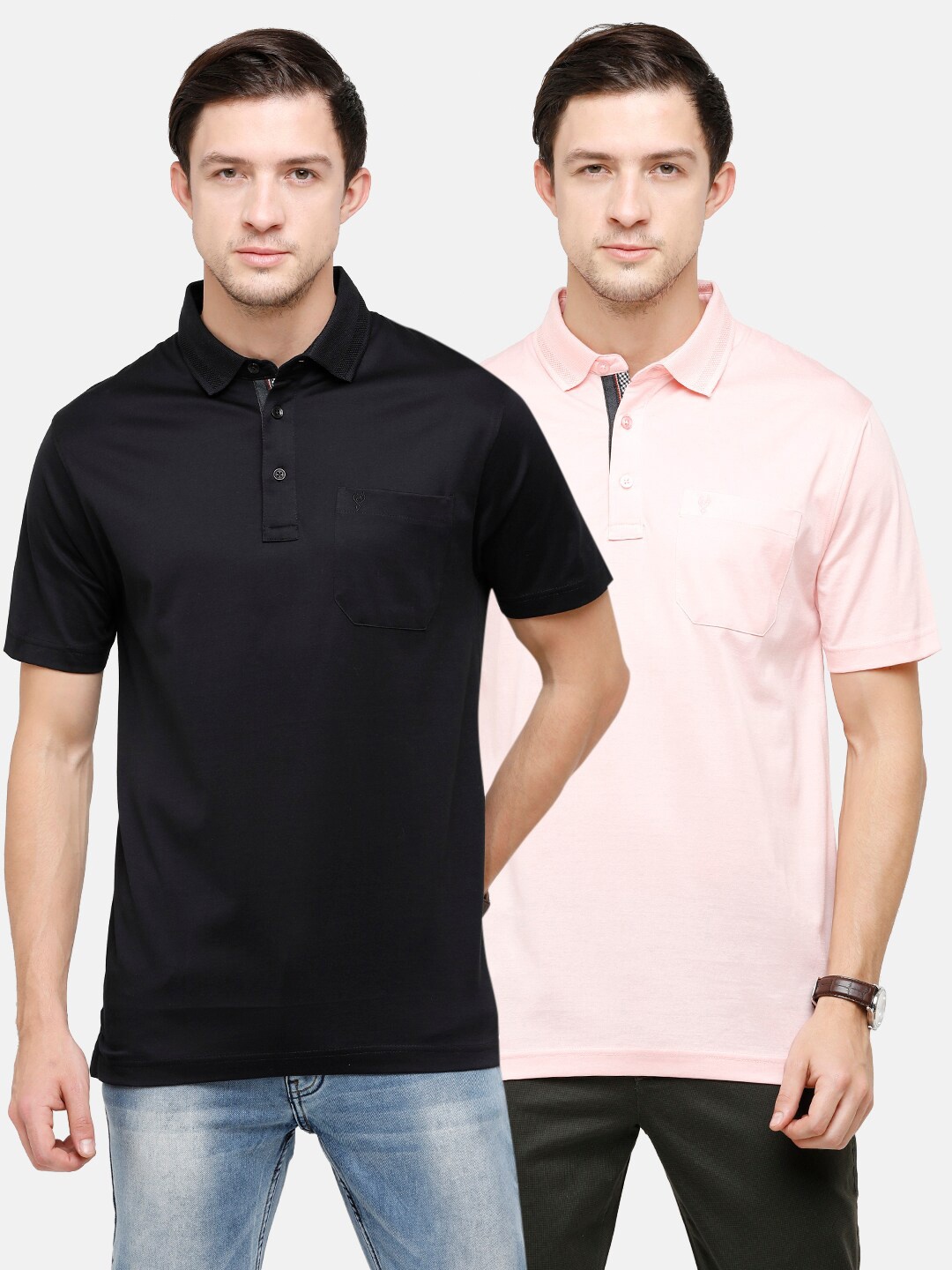 

Classic Polo Men Black & Pink Pack of 2 Polo Collar Pockets Pure Cotton T-shirts