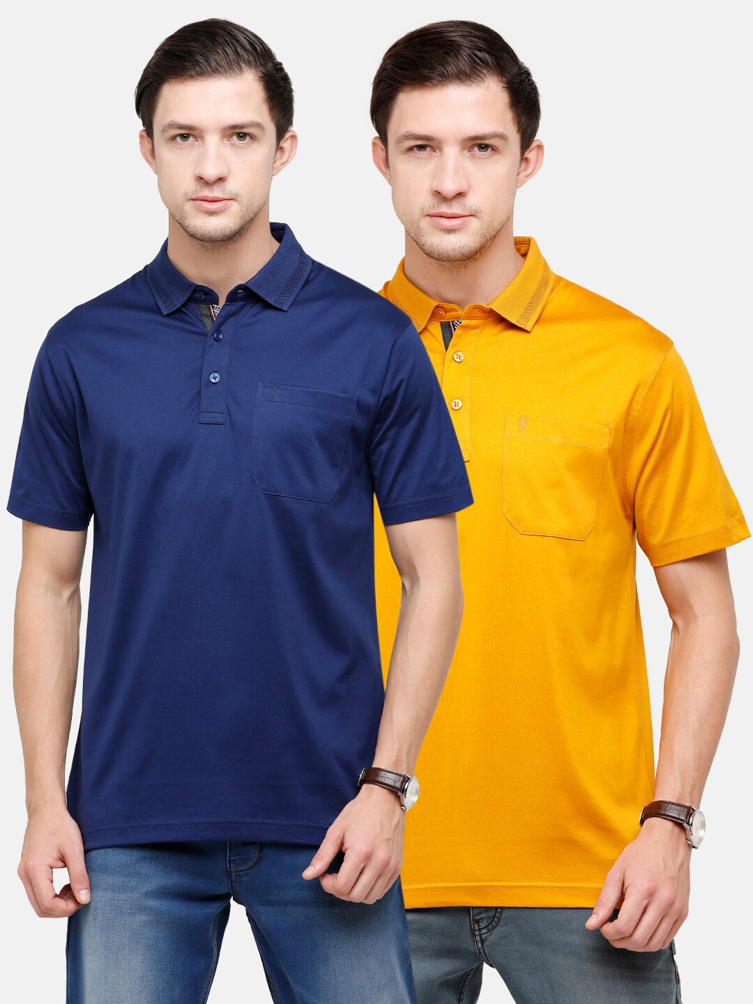 

Classic Polo Men Blue & Yellow Pack of 2 Polo Collar Pockets T-shirt