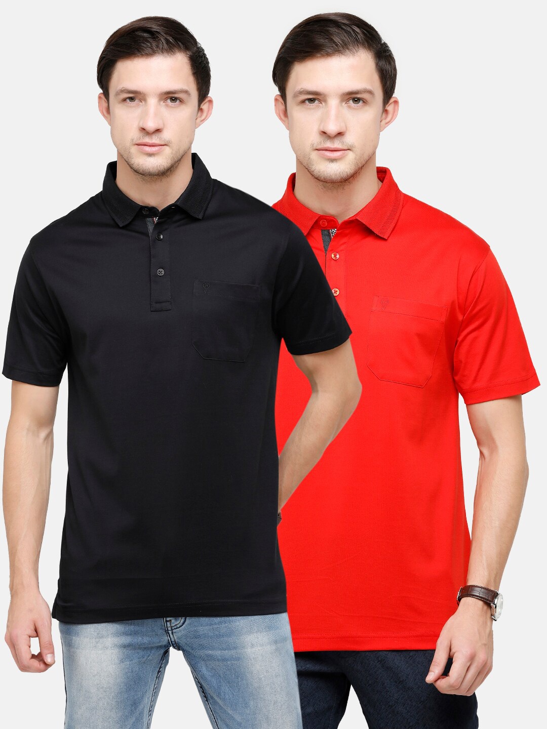 

Classic Polo Men Red & Black Set of 2 Polo Collar Pockets T-shirt