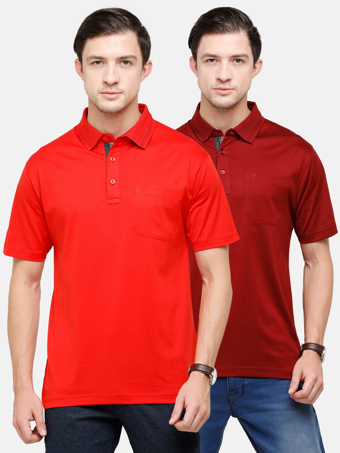 

Classic Polo Men Red & Maroon Pack of 2 Polo Collar Pockets :Pure Cotton T-shirts