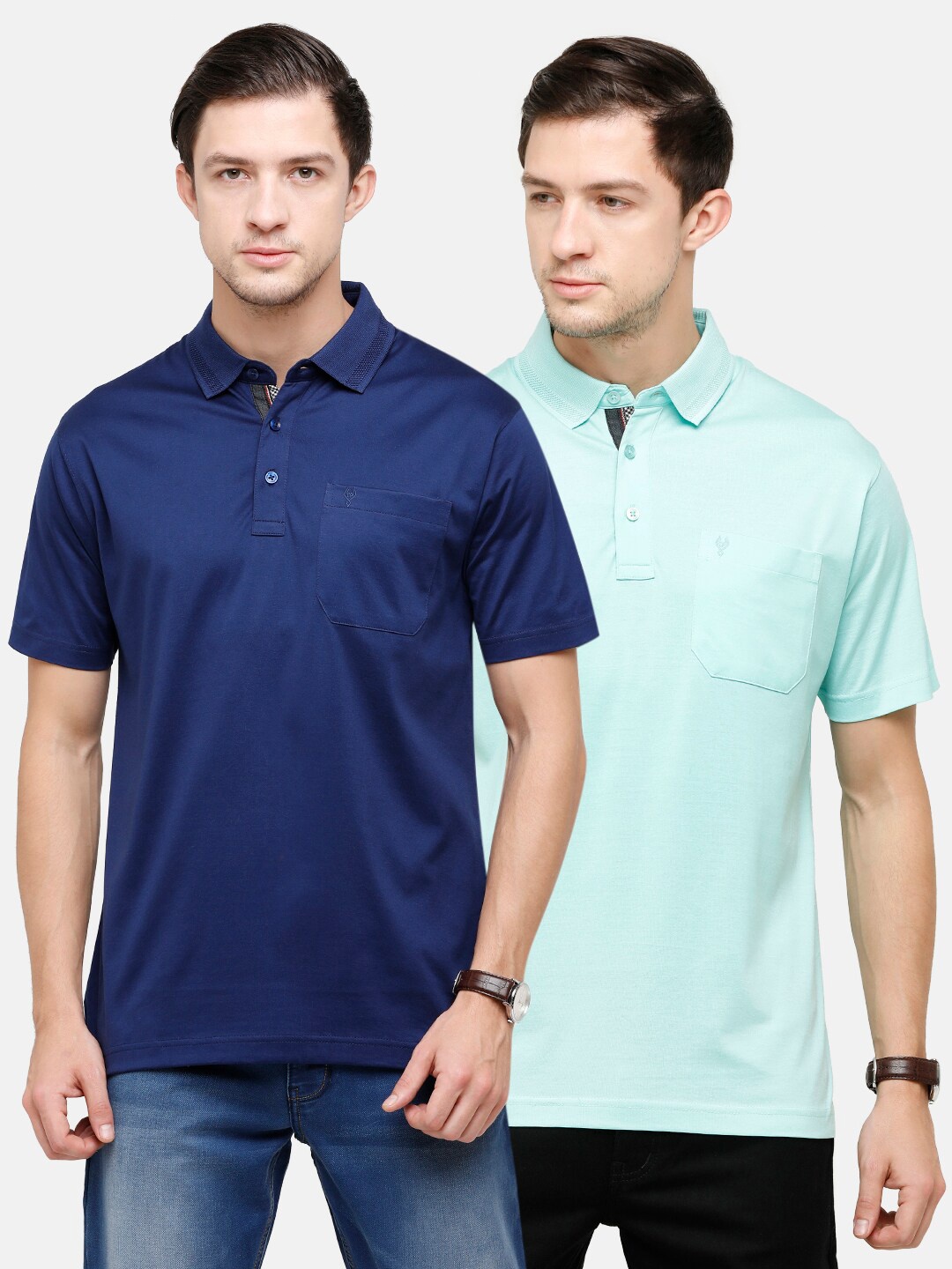 

Classic Polo Men Navy Blue & Blue Pack Of 2 Polo Collar Pockets Pure Cotton T-shirt