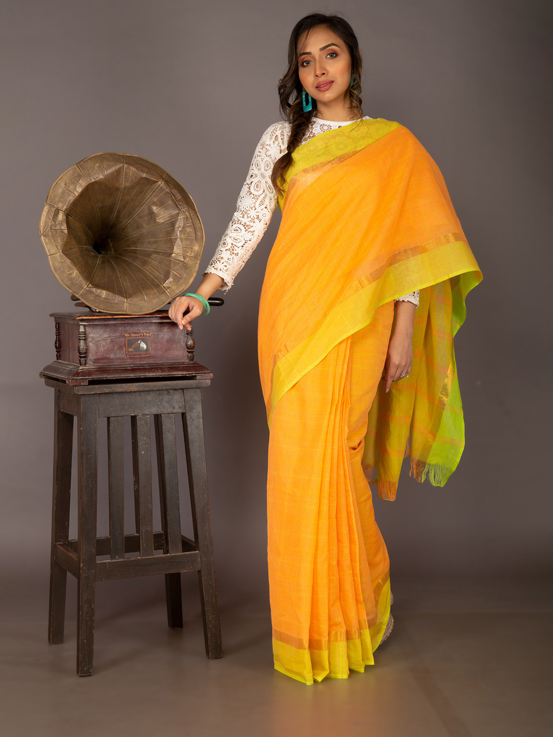 

Unnati Silks Orange & Green Striped Zari Cotton Handloom Sustainable Mangalagiri Saree