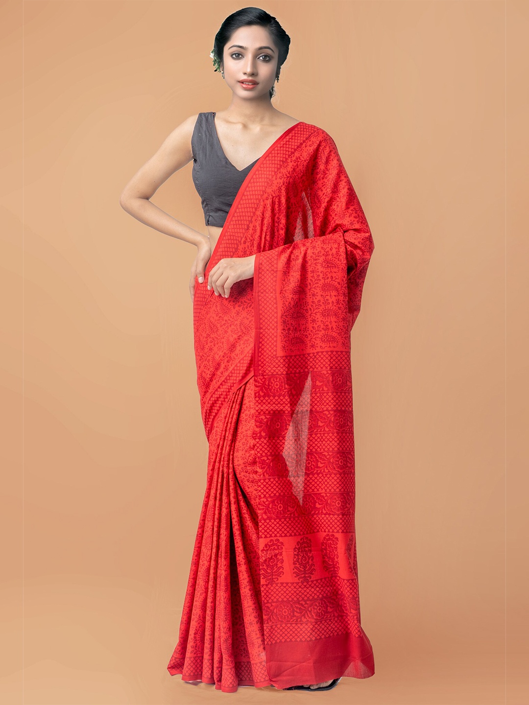 

Unnati Silks Red Ethnic Motifs Pure Cotton Handloom Sustainable Block Print Saree