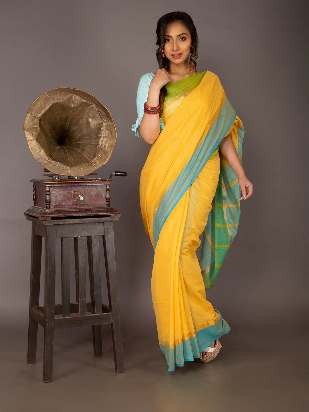 

Unnati Silks Orange & Turquoise Blue Pure Cotton Handloom Sustainable Mangalagiri Saree