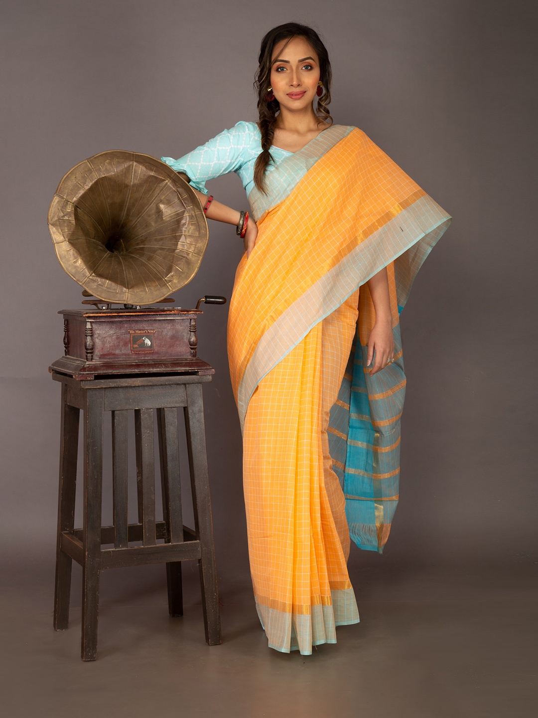 

Unnati Silks Peach-Coloured & Blue Zari Pure Cotton Handloom Sustainable Mangalagiri Saree