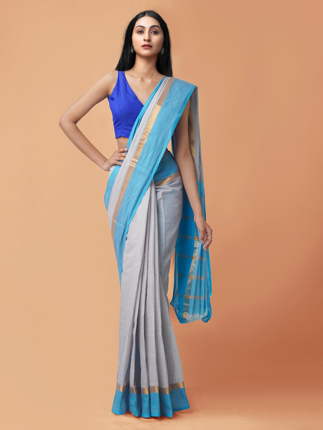 

Unnati Silks Grey & Blue Woven Design Pure Cotton Handloom Sustainable Mangalagiri Saree