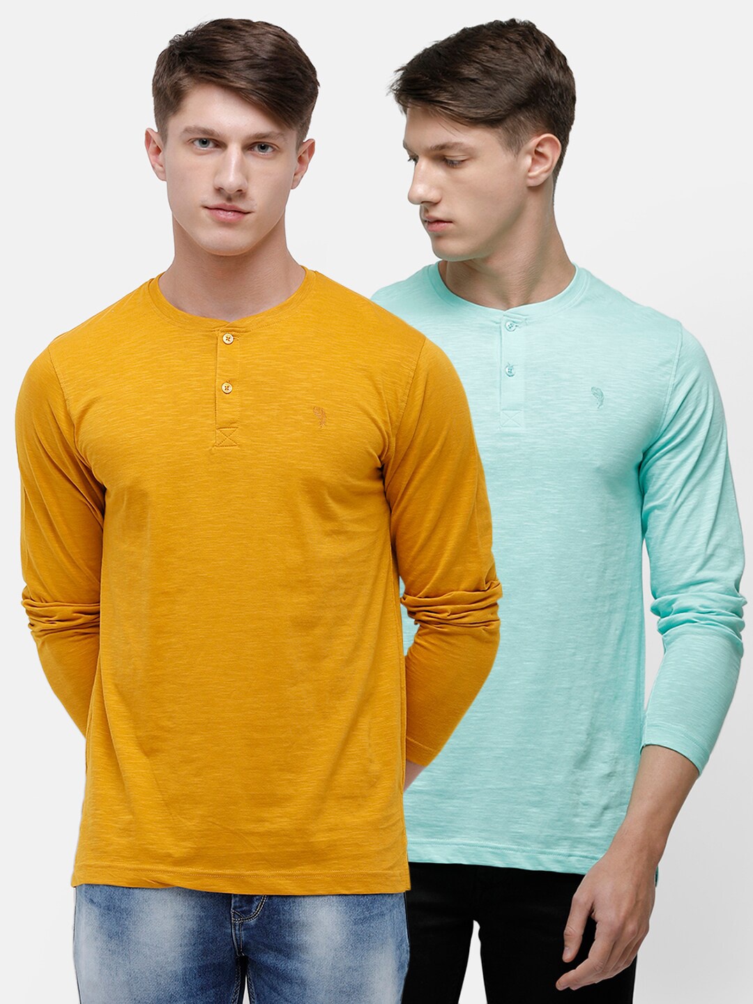 

Classic Polo Men Mustard & Turquoise Blue Pack of 2 Henley Neck Pockets Slim Fit T-shirt
