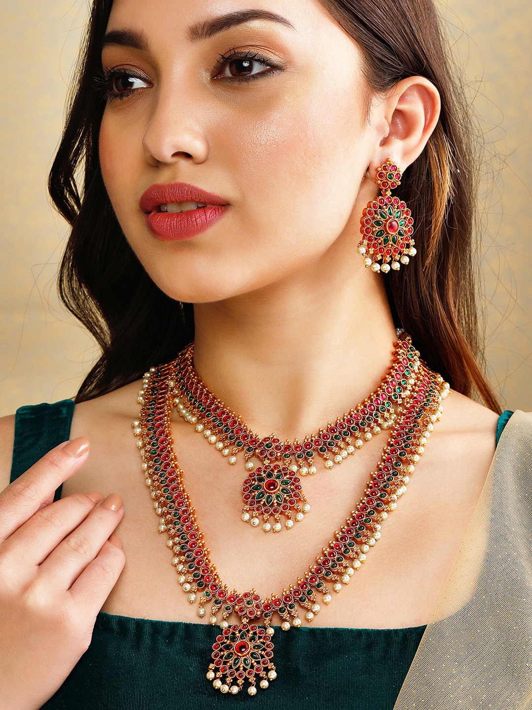 

Rubans Gold-Plated Red & Green Stone Studded & Pearl Beaded Layered Jewellery Set