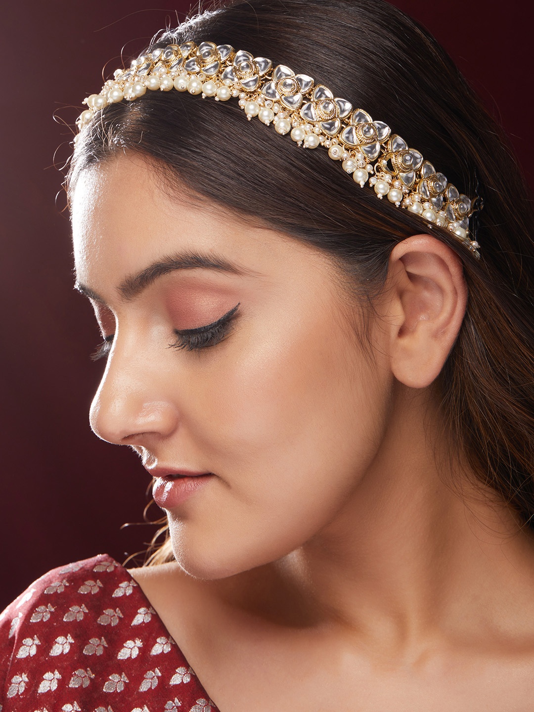 

Rubans Women Gold-Plated & White Kundan Stone Studded & Beaded Head Chain