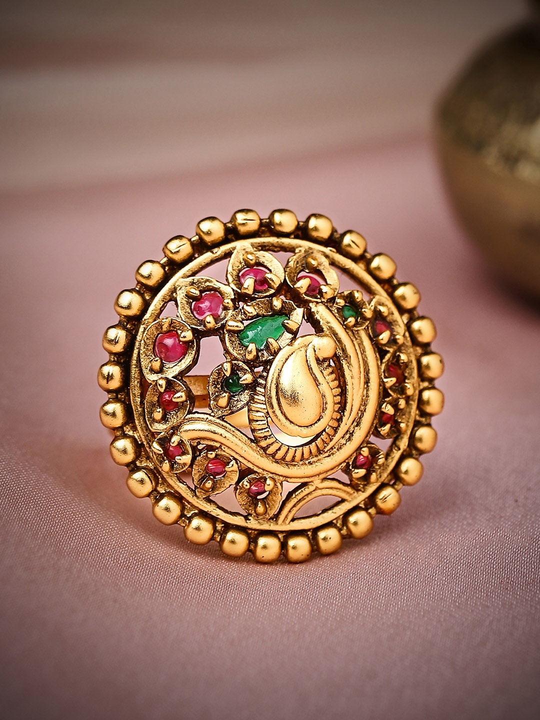 

Rubans Gold-Plated Pink & Green Stone-Studded Finger Ring