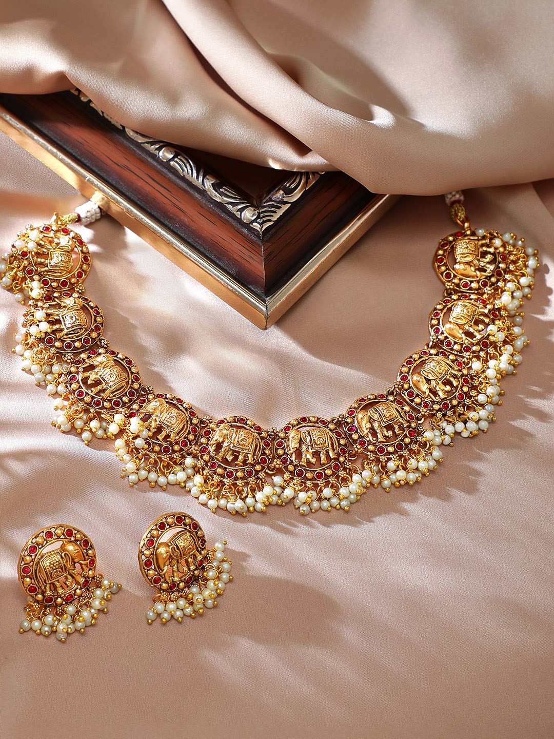 

Rubans 18K Gold-Plated Red Stone Studed & White Pearl Beaded Elephant Motif Jewellery Set
