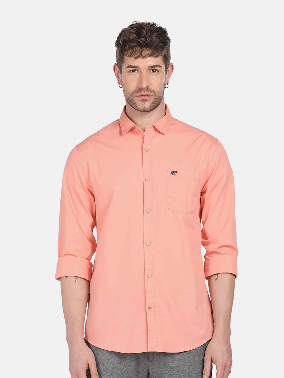 

Ruggers Men Coral Pink Regular Fit Pure Combed Cotton Casual Shirt, Peach