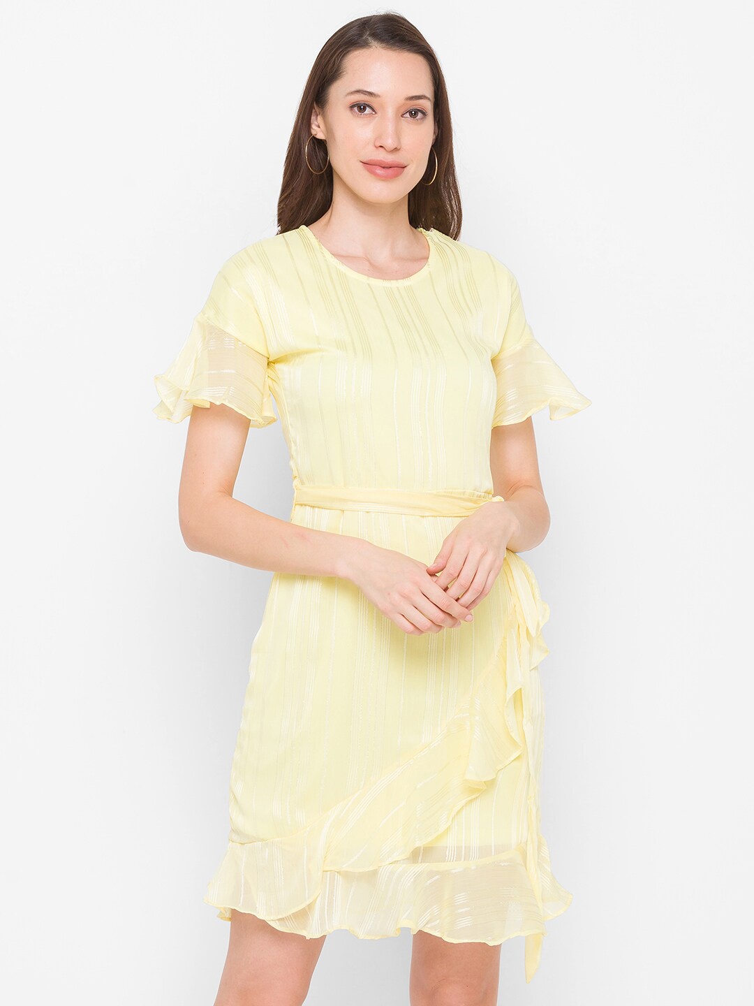 

Globus Women Yellow & Silver-Toned Striped Belted A-Line Dress