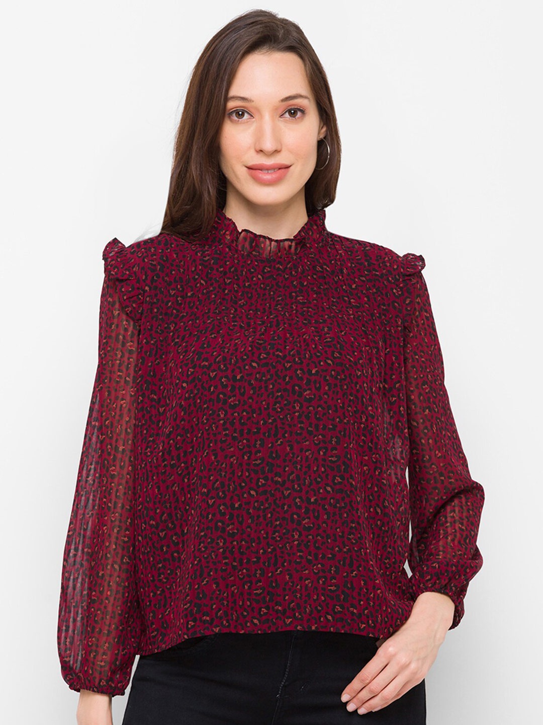 

Globus Maroon Print Ruffles Georgette Top