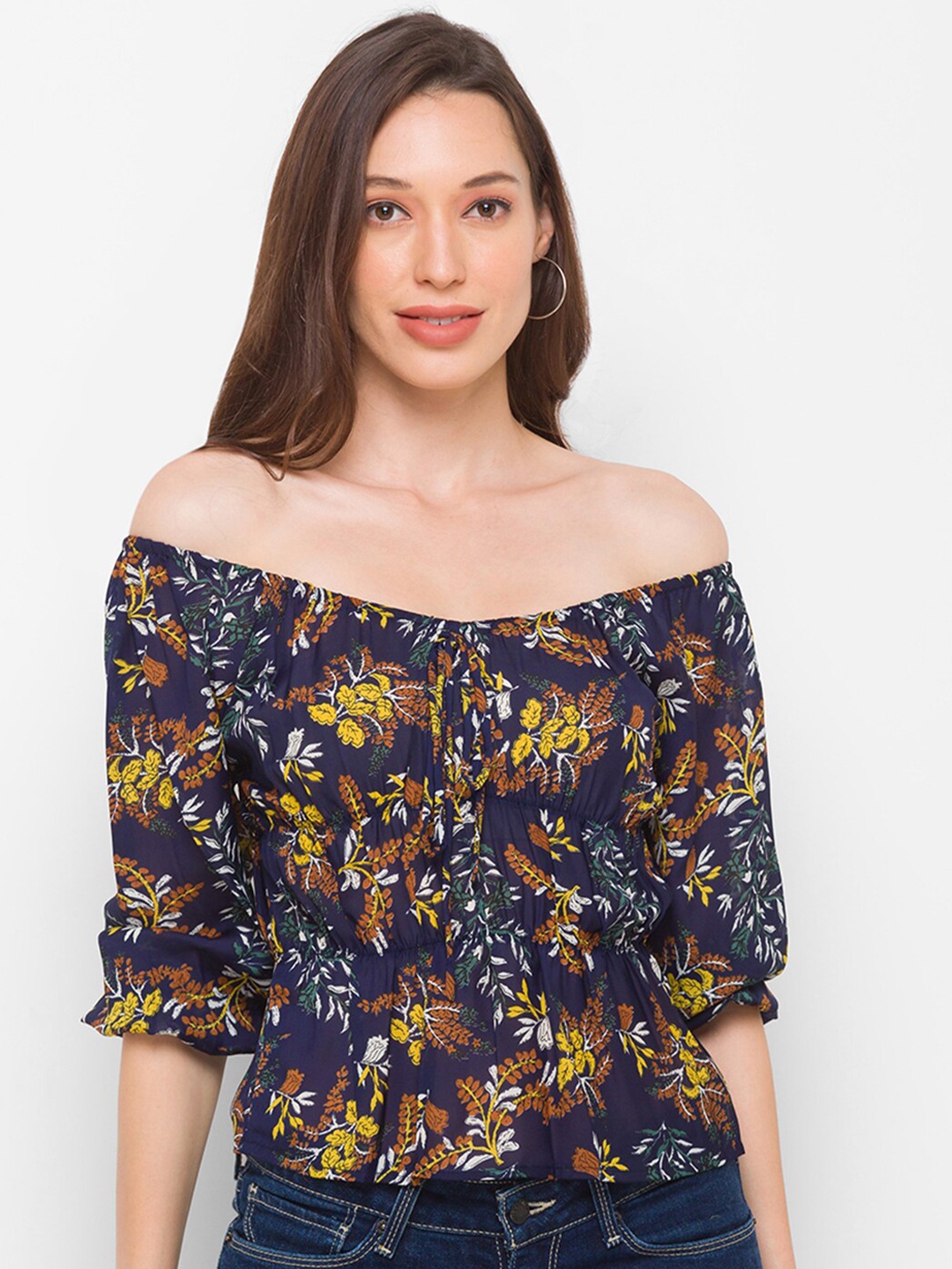 

Globus Navy Blue Floral Print Off-Shoulder Georgette Bardot Top