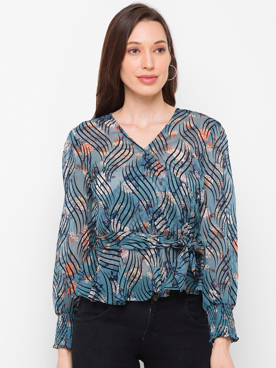 

Globus Blue Tropical Print Georgette Wrap Top