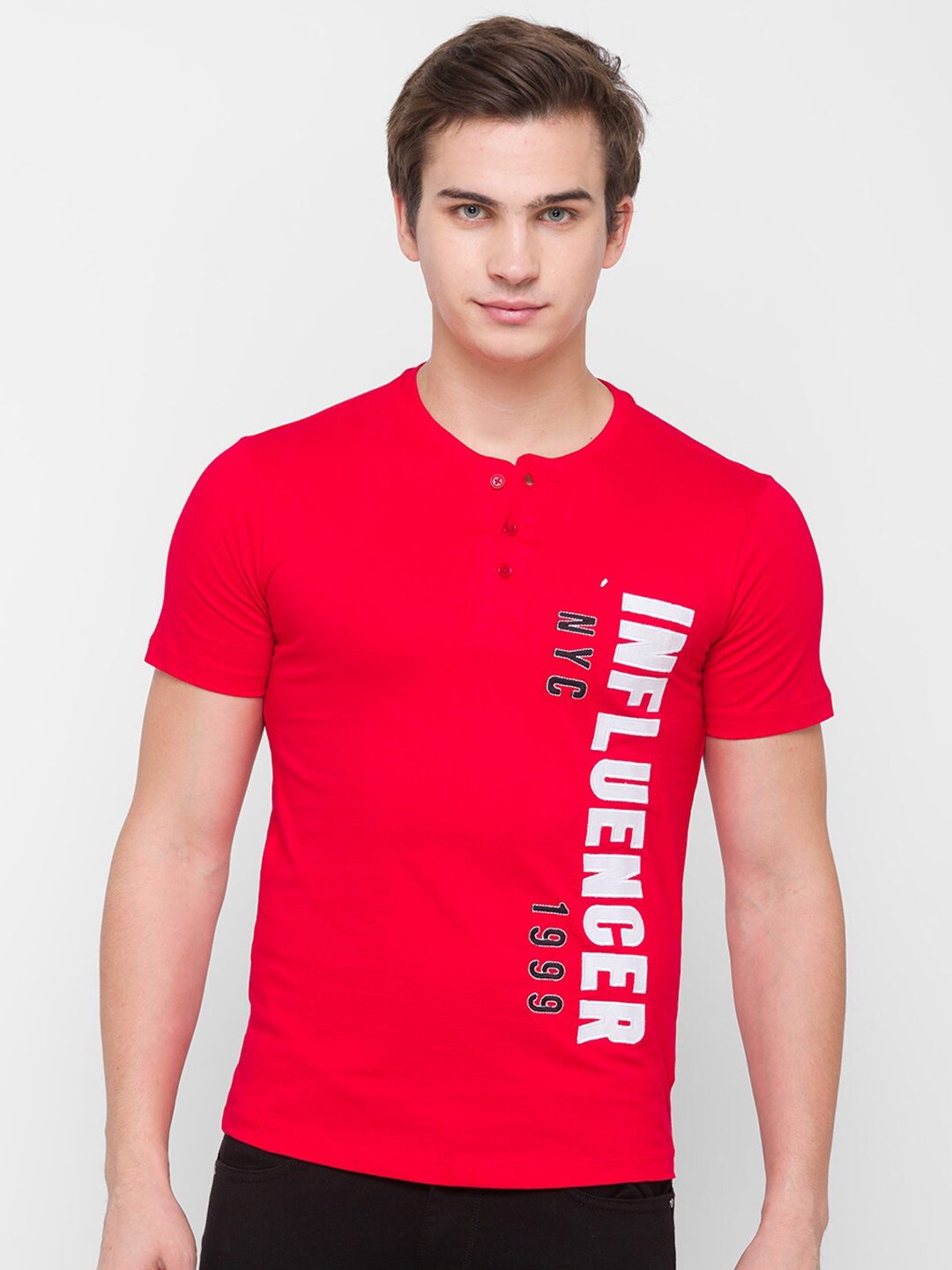 

Globus Men Red Typography Printed Henley Neck Applique Slim Fit T-shirt