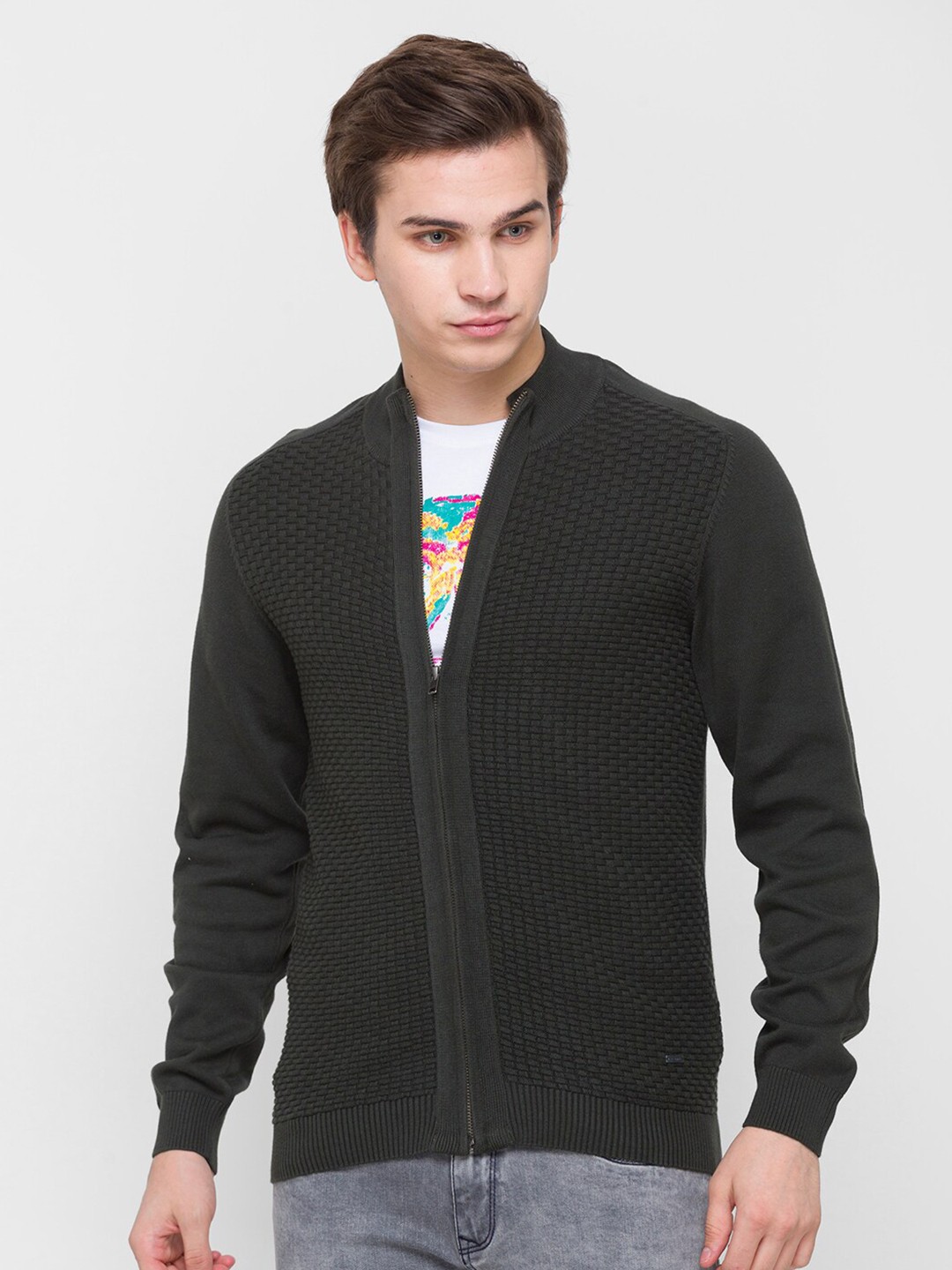 

Globus Men Olive Green Striped V-Neck Applique T-shirt