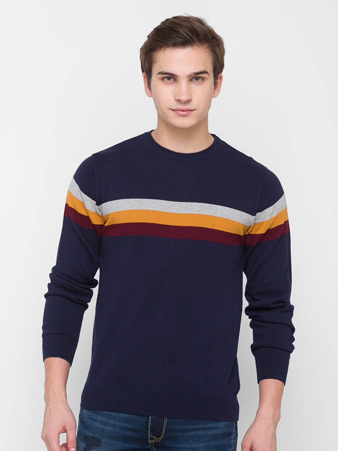 

Globus Men Navy Blue Striped Extended Sleeves T-shirt