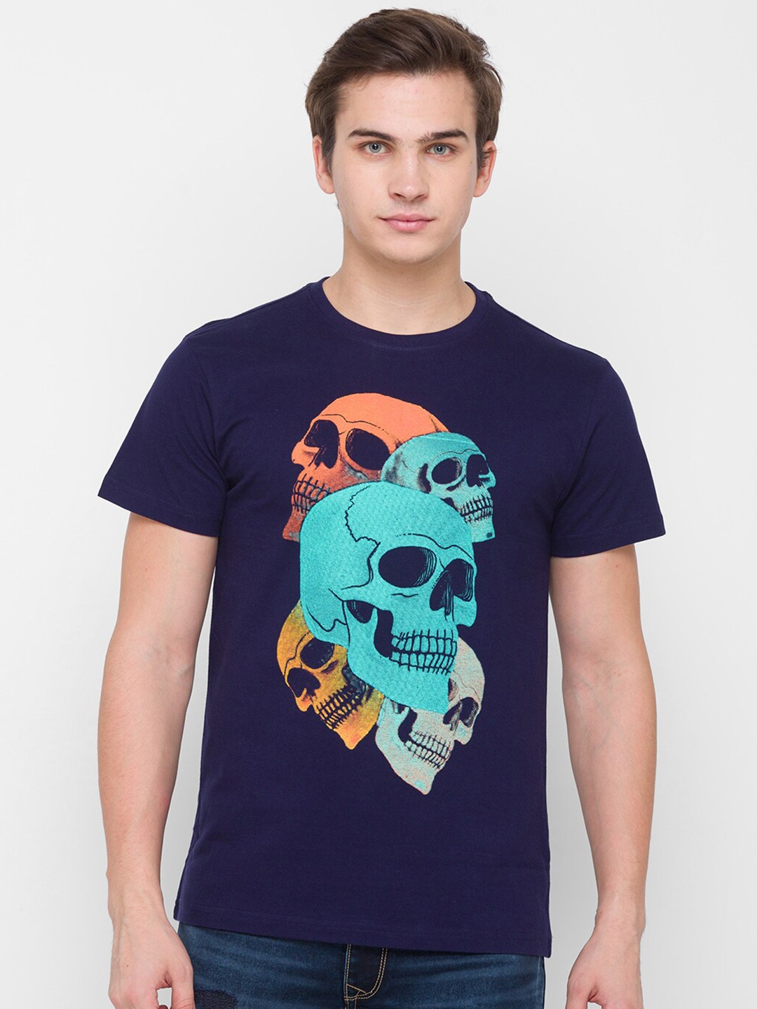

Globus Men Navy Blue Printed Applique T-shirt