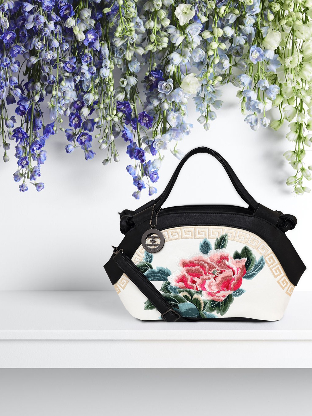 

ESBEDA White Floral Embroidered Structured Handheld Bag