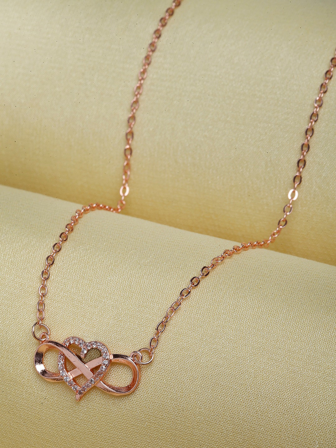 

Ferosh Rose Gold-Toned & White Stone-Studded Infinity Heart Pendant With Chain