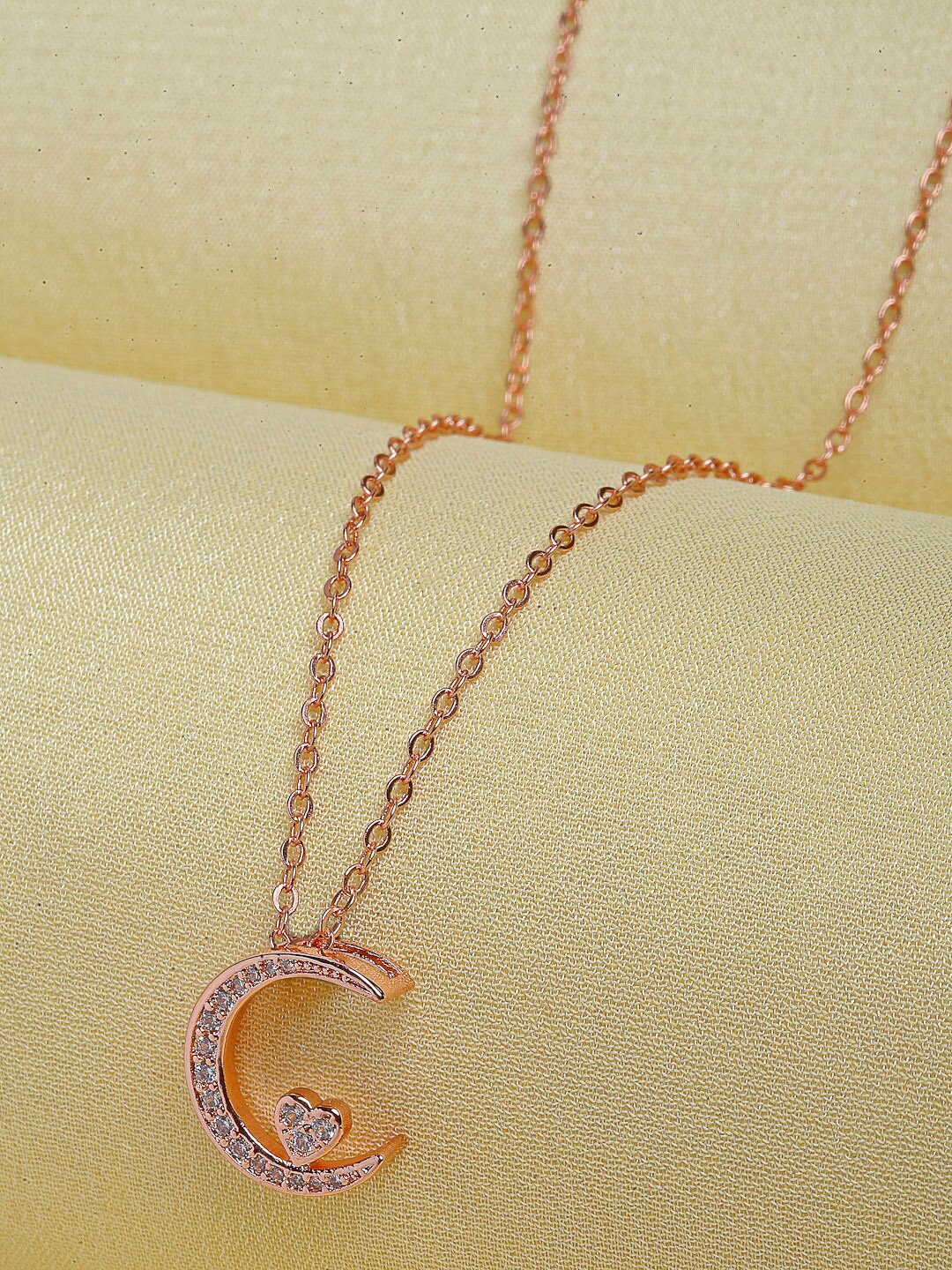 

Ferosh Rose-Gold Toned & White Stone Studded Moon Heart Pendant With Chain