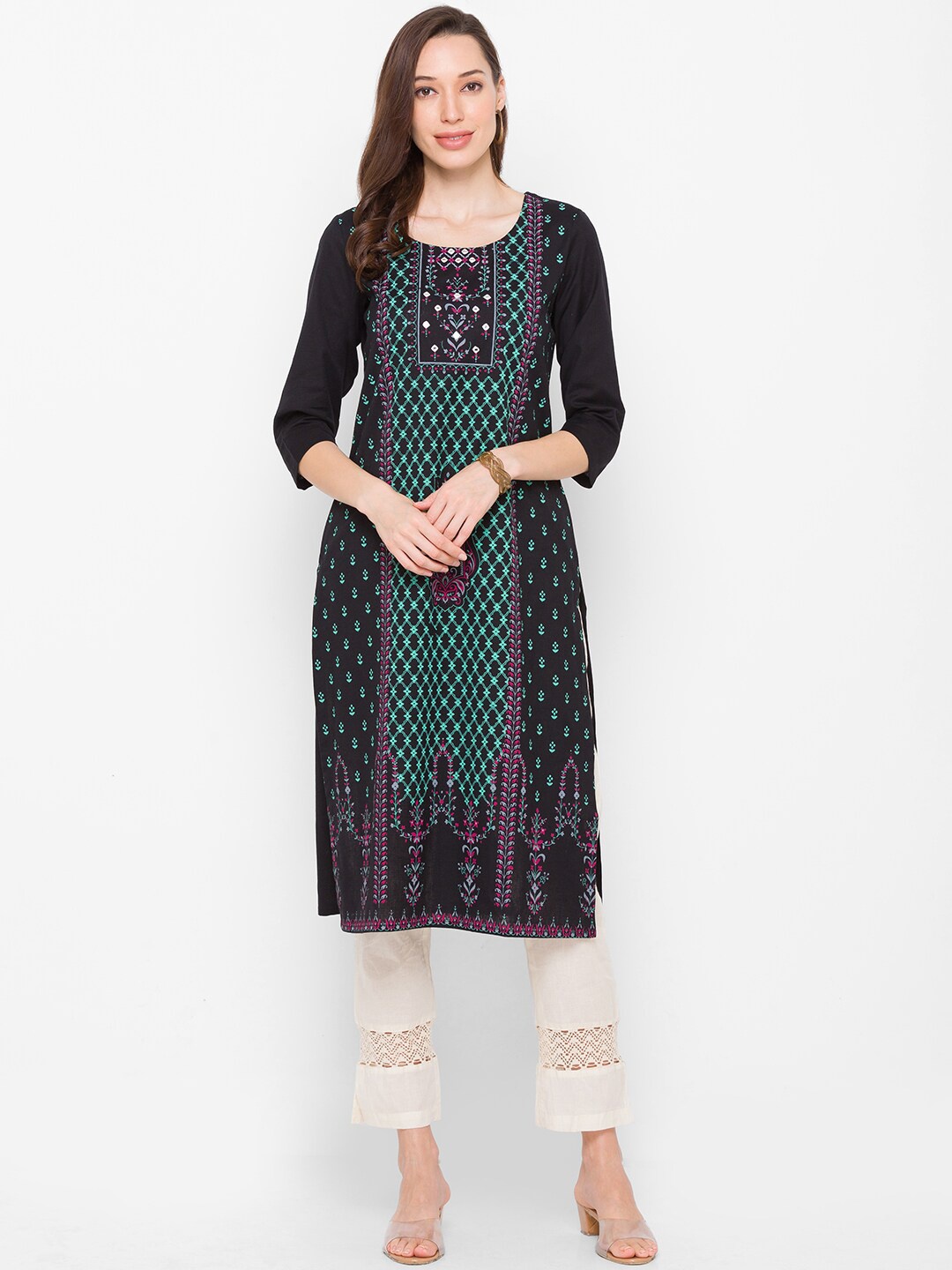

Globus Women Black & Green Ethnic Motifs Printed Mirror Work Cotton Kurta
